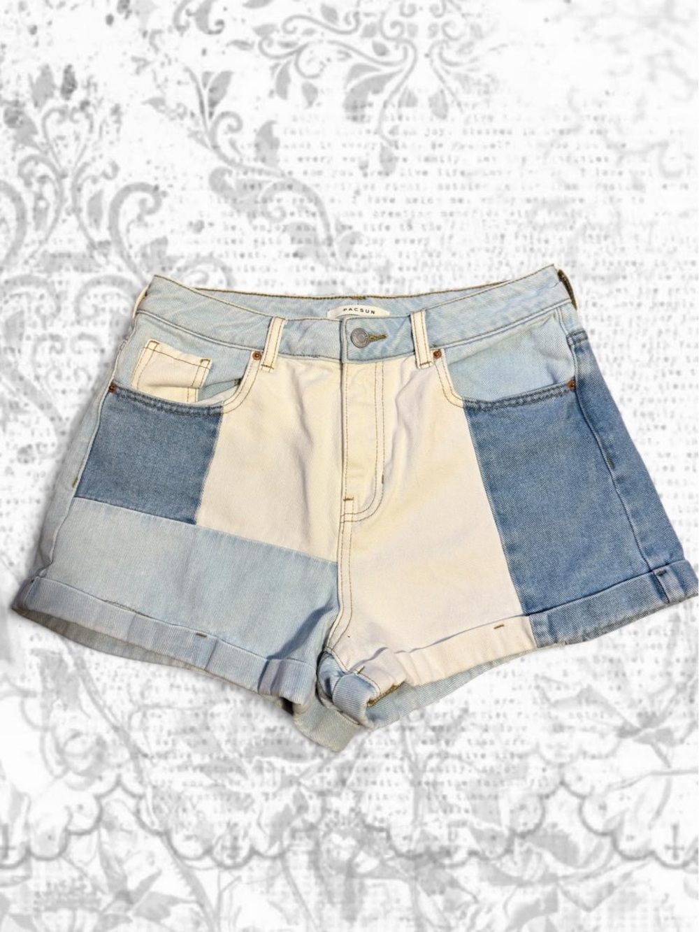 PacSun Three-Tone Patchwork Denim Shorts - Light Blue & Cream